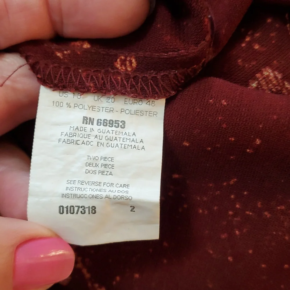 Leslie Fay Elegant Floral Sleeveless Burgundy Dress, Size 18 - Picture 9 of 13